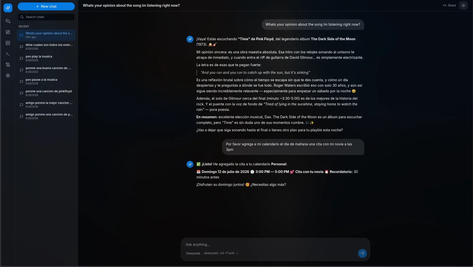 Dax Assistant chat: answering a question about a song, then creating a calendar event