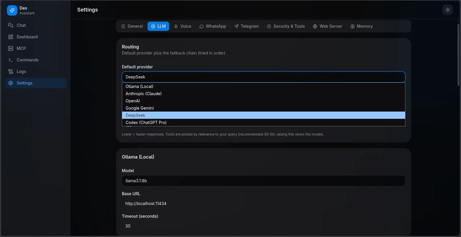 Dax Assistant settings showing the LLM provider dropdown