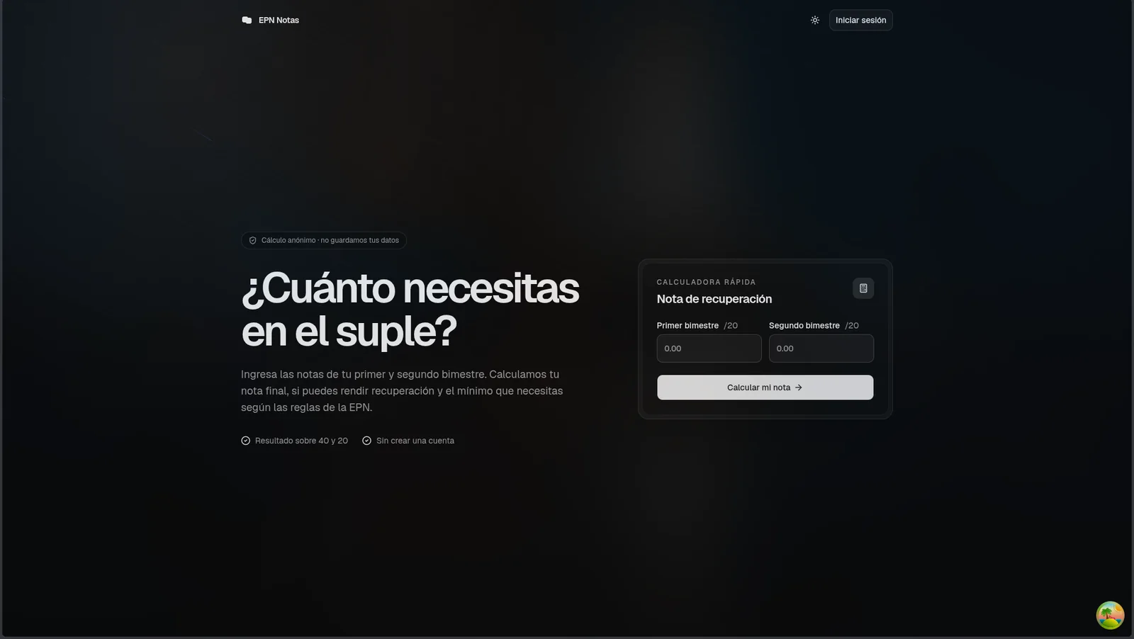 EPN Tracker landing page with a grade calculator